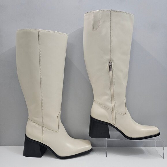 Vince Camuto Sangeti Knee High Boots Women 9 WIDE Ivory Cream Leather Block Heel - Picture 3 of 15